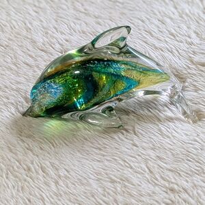 Glass Blown Dolphin Figurine with Blue and Green Accents